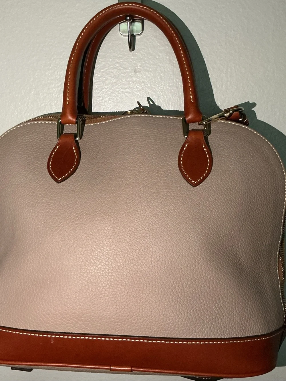 Dooney & Bourke Pebble Grain Zip Zip Dome Satchel - Oyster with British Tan Trim